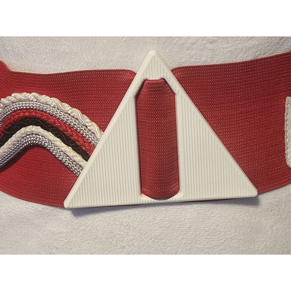 Vintage 80s Red Elastic Cinch Belt Triangle Buckle Wide Waist Belt Size M